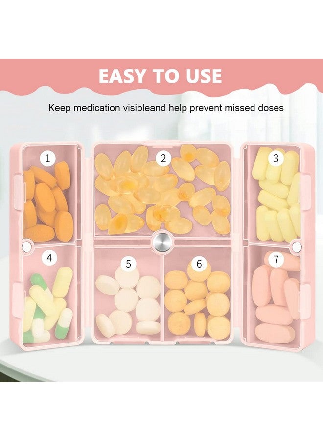 Hannea صندوق تنظيم الأدوية HANNEA® مع 7 أقسام، تصميم قابل للطي، صندوق أدوية مقاوم للرطوبة للفيتامينات والأدوية والحبوب وحامل المكملات، وردي - Image 5