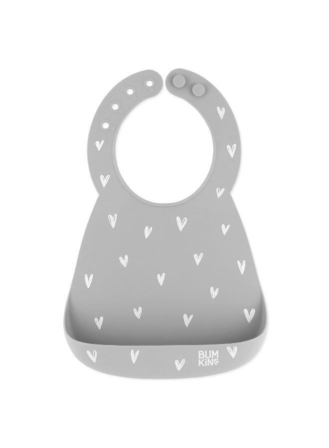 Bumkins Bibs, Silicone Pocket for Babies, Baby Bib for Girl or Boy, for 6-24 Months Up to Toddler, Essential Must Have for Eating, Feeding, Baby Led Weaning Supplies, Mess Saving, Gray Hearts - Image 1