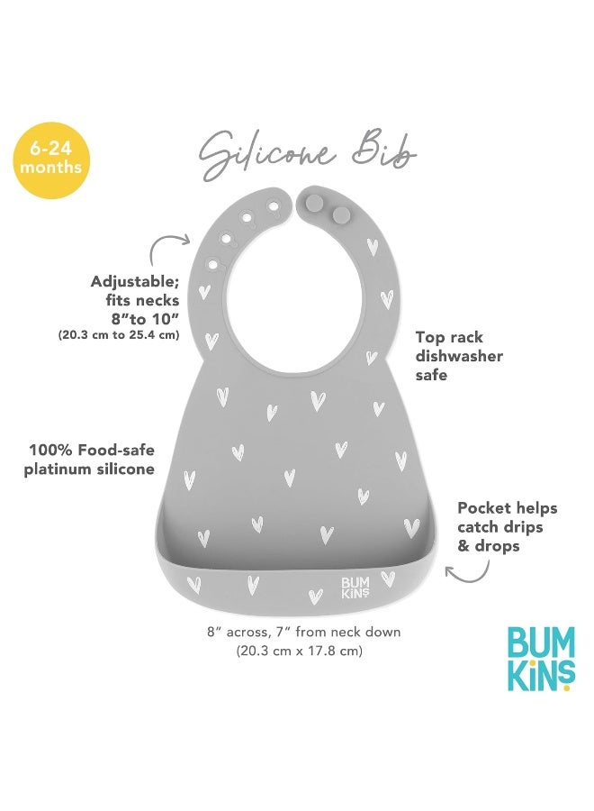 Bumkins Bibs, Silicone Pocket for Babies, Baby Bib for Girl or Boy, for 6-24 Months Up to Toddler, Essential Must Have for Eating, Feeding, Baby Led Weaning Supplies, Mess Saving, Gray Hearts - Image 5