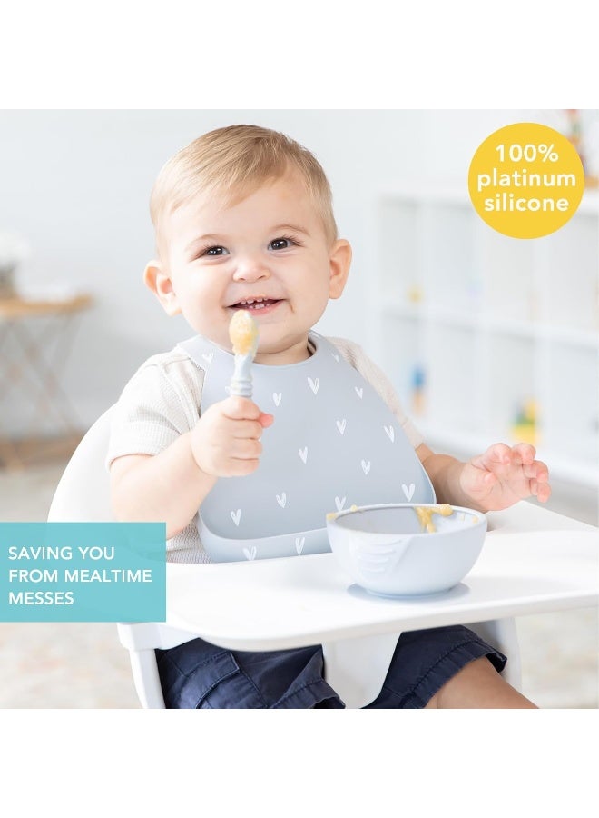 Bumkins Bibs, Silicone Pocket for Babies, Baby Bib for Girl or Boy, for 6-24 Months Up to Toddler, Essential Must Have for Eating, Feeding, Baby Led Weaning Supplies, Mess Saving, Gray Hearts - Image 2