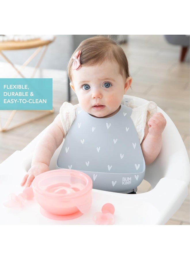 Bumkins Bibs, Silicone Pocket for Babies, Baby Bib for Girl or Boy, for 6-24 Months Up to Toddler, Essential Must Have for Eating, Feeding, Baby Led Weaning Supplies, Mess Saving, Gray Hearts - Image 4