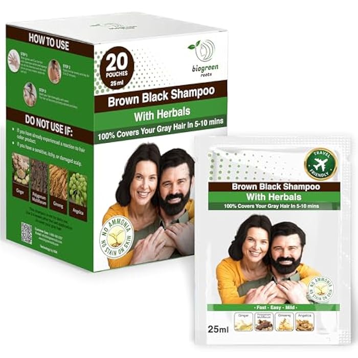 BIOGREEN ROOTS Ammonia-Free & Paraben Free Herbal Hair Shampoo – Natural Hair Dye Shampoo for Women & Men – Nourishing Color & Eco Aroma & Herbal Bliss – Covers Gray – Brown Black (20 sachets x 25 ml) - Image 1
