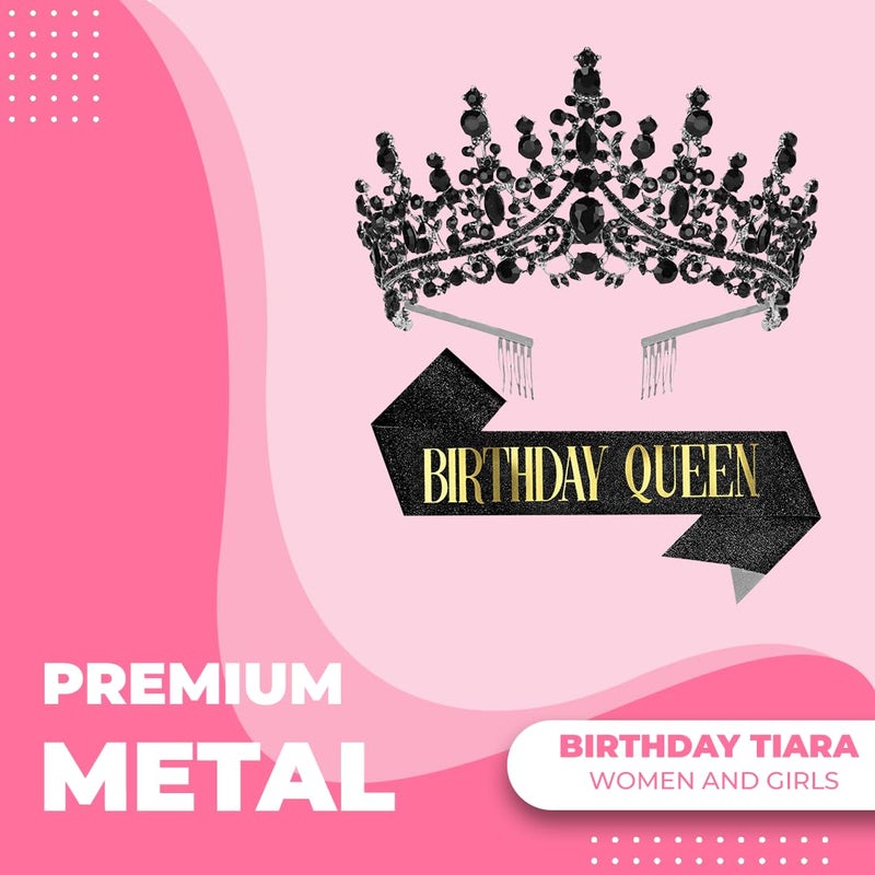 Papoopy Birthday Tiara Crown with Sash for Women, Headband Hair Accessories for Wedding Party Costume Black - Image 2