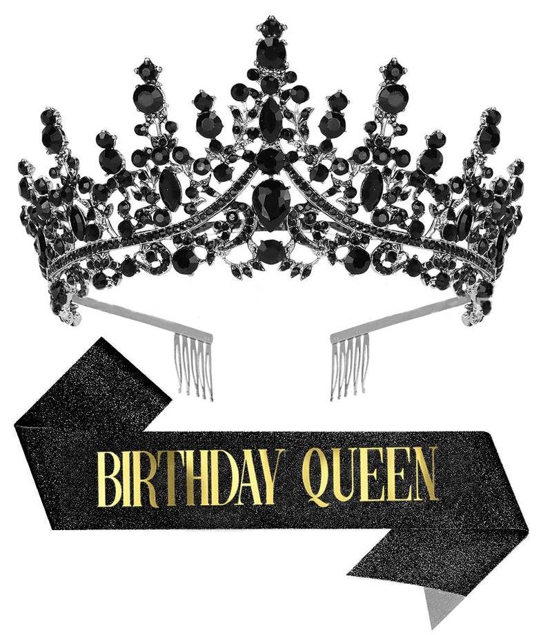 Papoopy Birthday Tiara Crown with Sash for Women, Headband Hair Accessories for Wedding Party Costume Black - Image 1