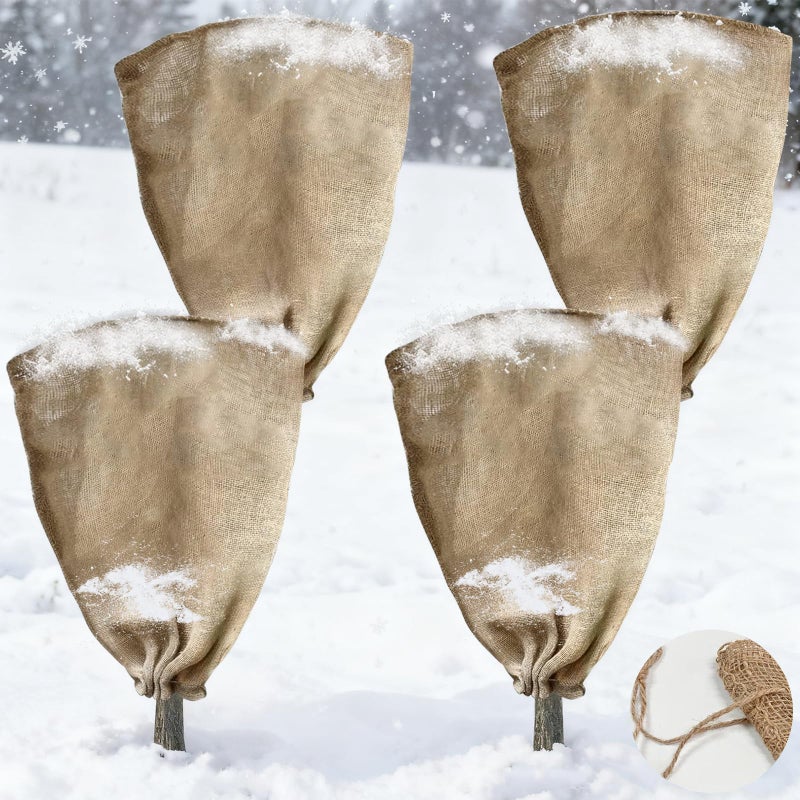 YEXEXINM 4 Pack 24â€ Ã— 40â€ Burlap Winter Plant Cover Bags - Plant Covers Frost Protector with Drawstring Plant Covers Freeze Protection Frost Blankets Shrub Jacketï¼ŒFreeze Blanket for Outdoor Plants Fruit Tree - Image 1
