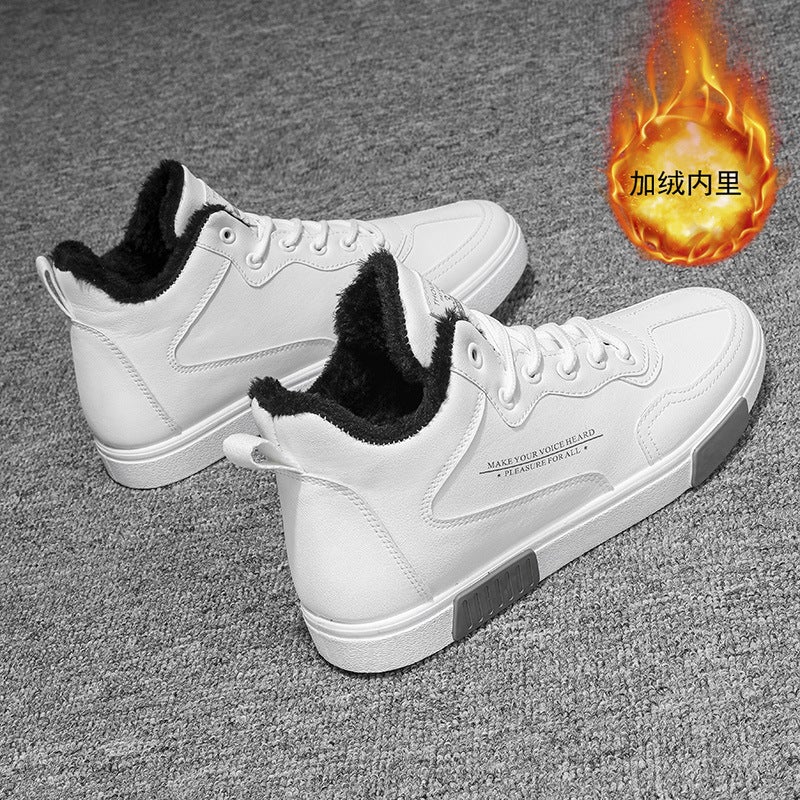 Mens Spring Breathable Casual Leather Sneakers 6633 white fleece-lined