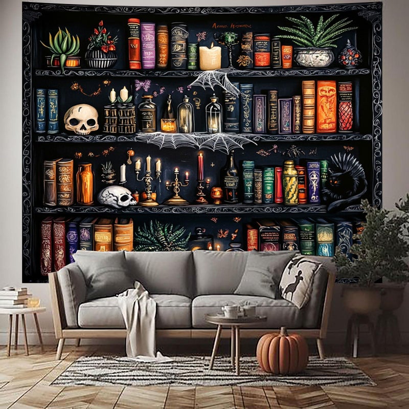 Algasan Magic Bookshelf Tapestry Magical Book Tapestry Gothic Witchy Vintage Library Skull Potion Black Cat Candle Botanical Backdrop for Bedroom Living Room Dorm 59.1 x 51.2 Inches - Image 4
