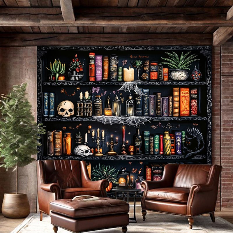 Algasan Magic Bookshelf Tapestry Magical Book Tapestry Gothic Witchy Vintage Library Skull Potion Black Cat Candle Botanical Backdrop for Bedroom Living Room Dorm 59.1 x 51.2 Inches - Image 5