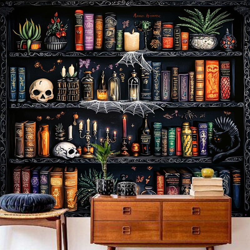 Algasan Magic Bookshelf Tapestry Magical Book Tapestry Gothic Witchy Vintage Library Skull Potion Black Cat Candle Botanical Backdrop for Bedroom Living Room Dorm 59.1 x 51.2 Inches - Image 1