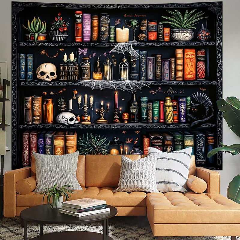 Algasan Magic Bookshelf Tapestry Magical Book Tapestry Gothic Witchy Vintage Library Skull Potion Black Cat Candle Botanical Backdrop for Bedroom Living Room Dorm 59.1 x 51.2 Inches - Image 2