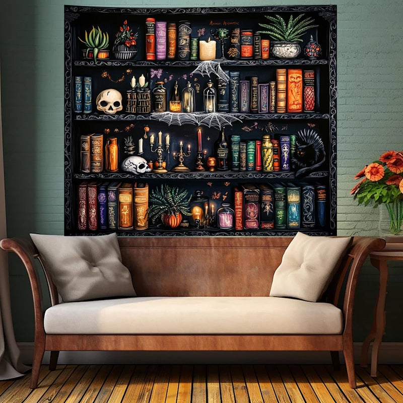 Algasan Magic Bookshelf Tapestry Magical Book Tapestry Gothic Witchy Vintage Library Skull Potion Black Cat Candle Botanical Backdrop for Bedroom Living Room Dorm 59.1 x 51.2 Inches - Image 3