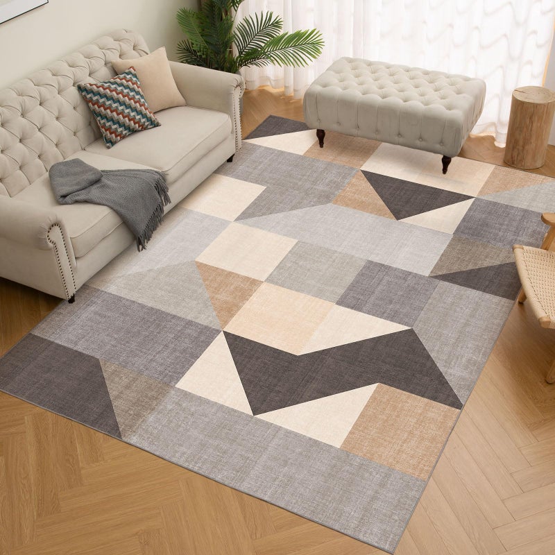 HOMFINE Washable Modern Area Rug - Geometric Style 5x7 Rugs for Living Room  Bedroom  Machine Washable Rug Soft Non Slip Non Shedding Area Rug - Grey Brown  5'x7' - Image 1
