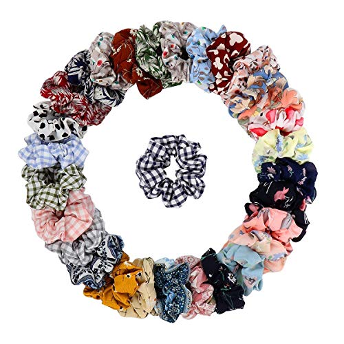 FAMEZA 14 Color Chiffon Flower Hair Scrunchies & Bows, 8 Flower & 6 Solid Color Hair Ties for Women (STYLE 1) Multicolor - Image 1