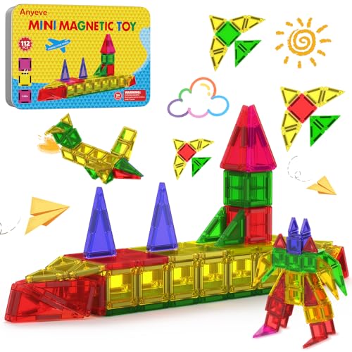 Anyeve 112PCS Mini Magnetic Tiles for Kids Magnetic Tiles Travel Set with Iron Box Portable Construction Toys STEM Educational Building Set for Kids Ages 48 Toddlers Boys Girls Birthday New Year Gift - Image 1