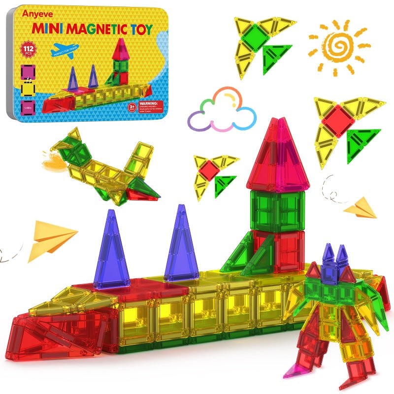 Anyeve 112PCS Mini Magnetic Tiles for Kids Magnetic Tiles Travel Set with Iron Box Portable Construction Toys STEM Educational Building Set for Kids Ages 48 Toddlers Boys Girls Birthday New Year Gift - Image 3