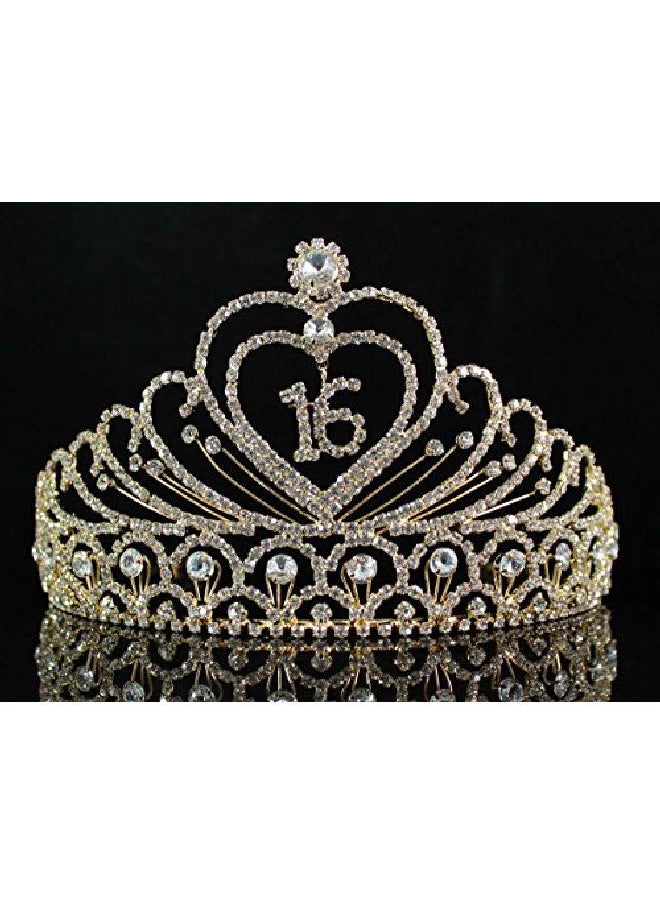 Janefashions Sweet Sixteen Years Old 16 16Th Birthday Party Austrian Rhinestone Crystal Princess Tiara Crown With Hair Combs Jewelry T1629G Gold  - Image 2