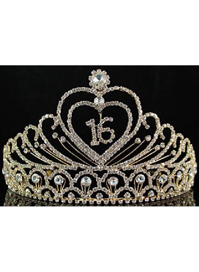 Janefashions Sweet Sixteen Years Old 16 16Th Birthday Party Austrian Rhinestone Crystal Princess Tiara Crown With Hair Combs Jewelry T1629G Gold  - Image 3