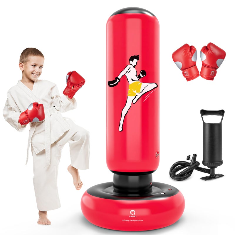 Qpau Kids Punching Bag Toy With Boxing Gloves  66 Inch Larger Stable Kids Inflatable Boxing Bag Set  Gifts For Boys & Girls Age 6-12  For Practicing Karate  Taekwondo  Mma (Red) - Image 1