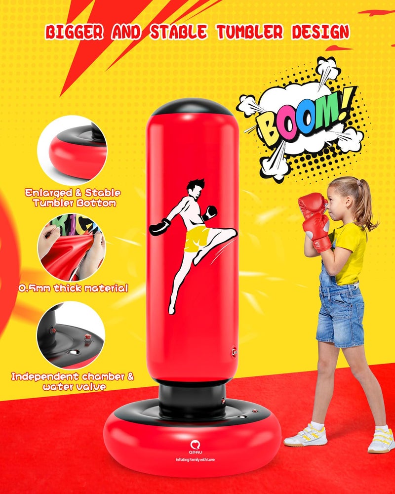 Qpau Kids Punching Bag Toy With Boxing Gloves  66 Inch Larger Stable Kids Inflatable Boxing Bag Set  Gifts For Boys & Girls Age 6-12  For Practicing Karate  Taekwondo  Mma (Red) - Image 4