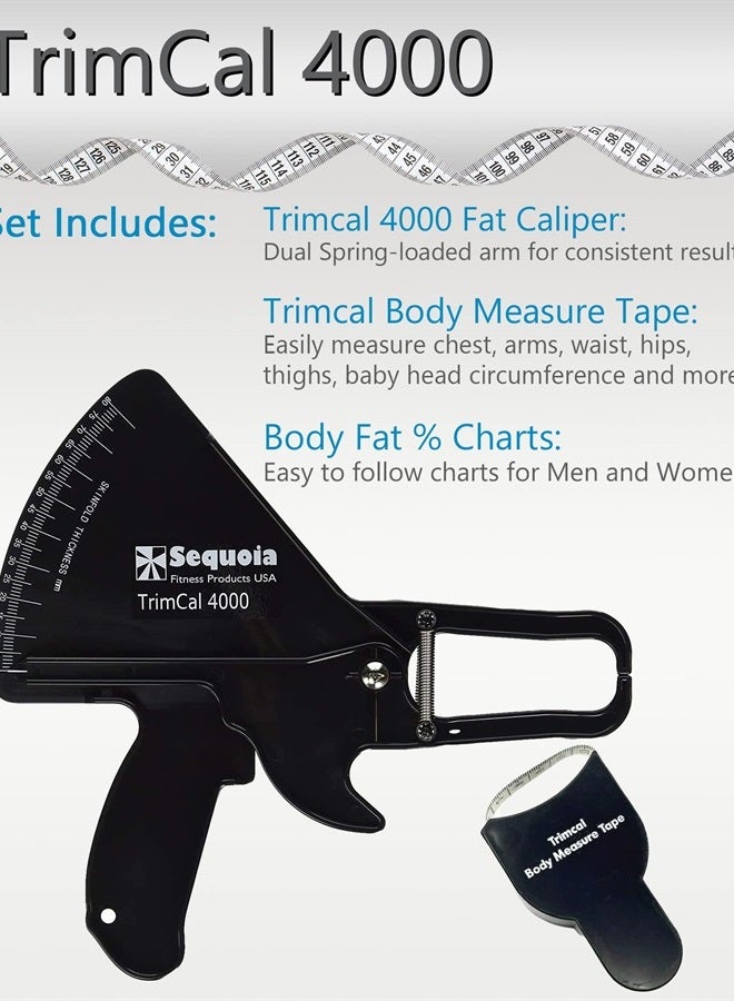TrimCal 4000 Sequoia Fitness Trimcal 4000 Body Fat Caliper with Body Measure Tape & Fat% Chart (Black & Black) - Image 2