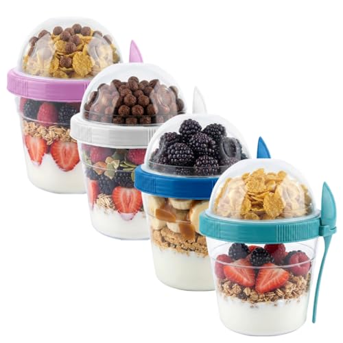 EYNEL 4 Pack 17 oz Small Breakfast On The Go Yogurt Parfait Cups Reusable Plastic Containers with Lids and Spoons Perfect Jars for Overnight Oats Cereal Granola Oatmeal 4 Colors Set - Image 1