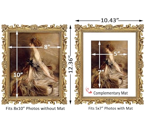 FJXMFRAME Gold 8x10 Picture Frame Vintage Antique Baroque for Wall or Tabletop Display, Ornate Gothic Victorian Frames Matted to 5x7 Photo - Image 2