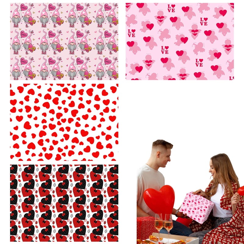 Set of 4 Valentine's Day Wrapping Paper for Men Women,Red, Pink and Black Hearts Wedding Anniversary Heart Designs - 20 x 28 inches - Image 1