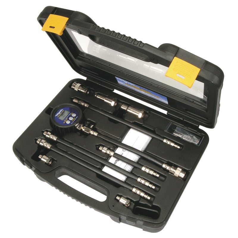 Mityvac MV5532 Digital Gasoline Compression Test Kit Up to 12 Cylinders Backlit LC Display 9V Battery Oilresistant Gauge with Rubber Boot Displays PSI Bar and kPa Custommolded Case