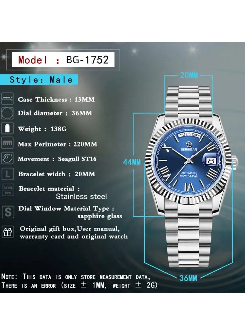 BERSIGAR - Bersigar BG-1752 Luxaura Design Stainless Steel Automatic Water Resistant Watch - Image 1
