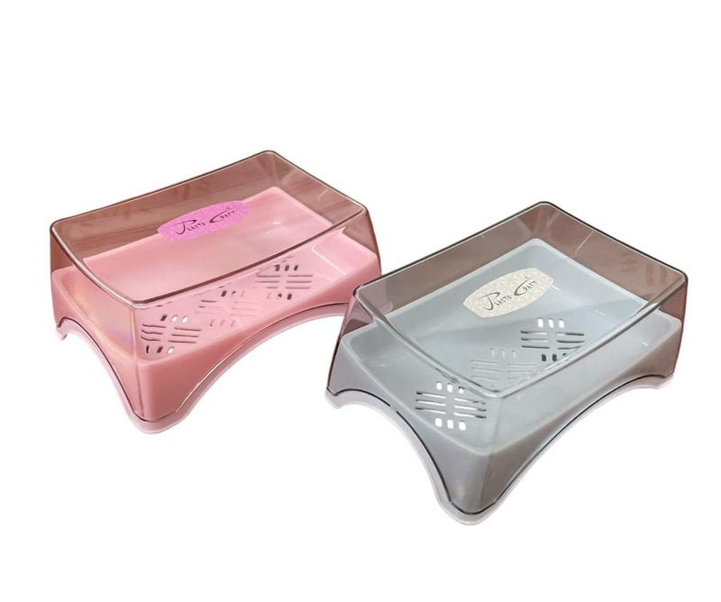 CSM Plastic Self Drain Soap Dish(DIVESOAP-2) with Transparent Lid, Set of 2, Multicolour - Image 2