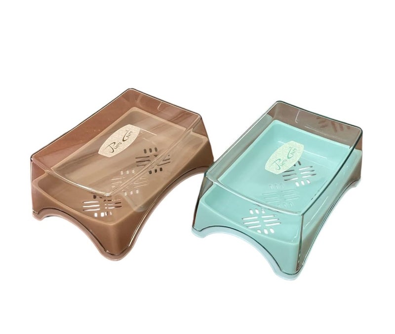 CSM Plastic Self Drain Soap Dish(DIVESOAP-2) with Transparent Lid, Set of 2, Multicolour - Image 1