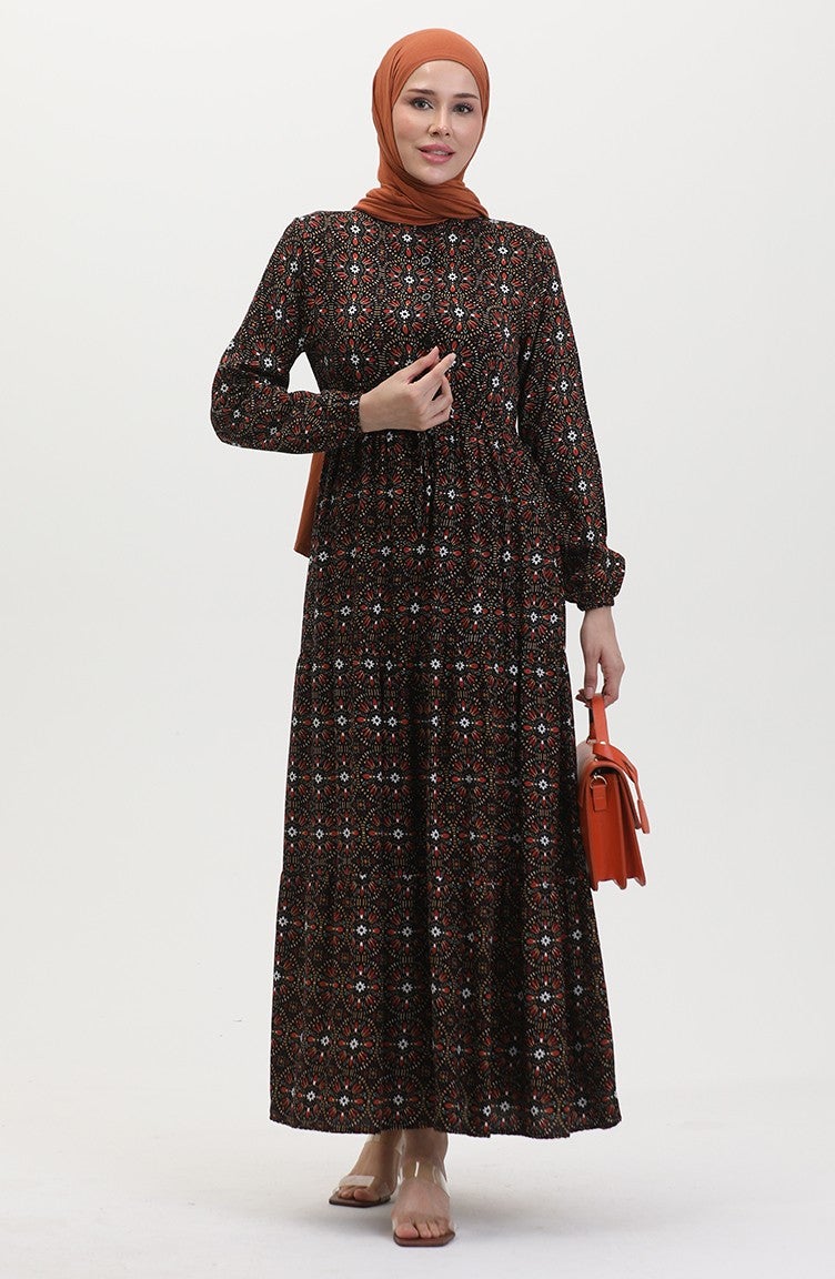 Sefa Merve Patterned Buttoned Viscose Dress 0441-04 Black Orange  - Image 1