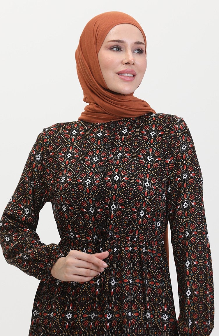 Sefa Merve Patterned Buttoned Viscose Dress 0441-04 Black Orange  - Image 4