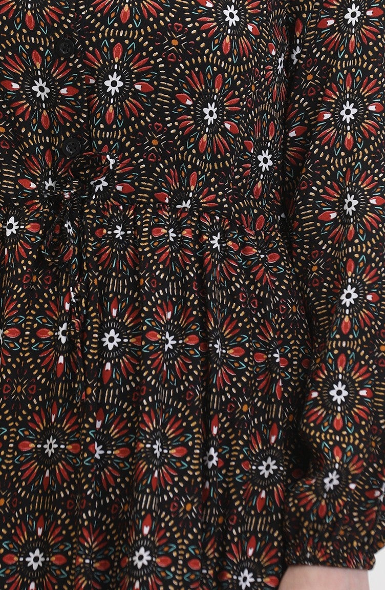 Sefa Merve Patterned Buttoned Viscose Dress 0441-04 Black Orange  - Image 5