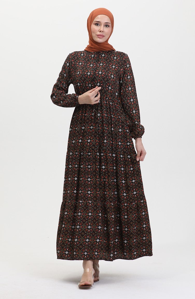 Sefa Merve Patterned Buttoned Viscose Dress 0441-04 Black Orange  - Image 3