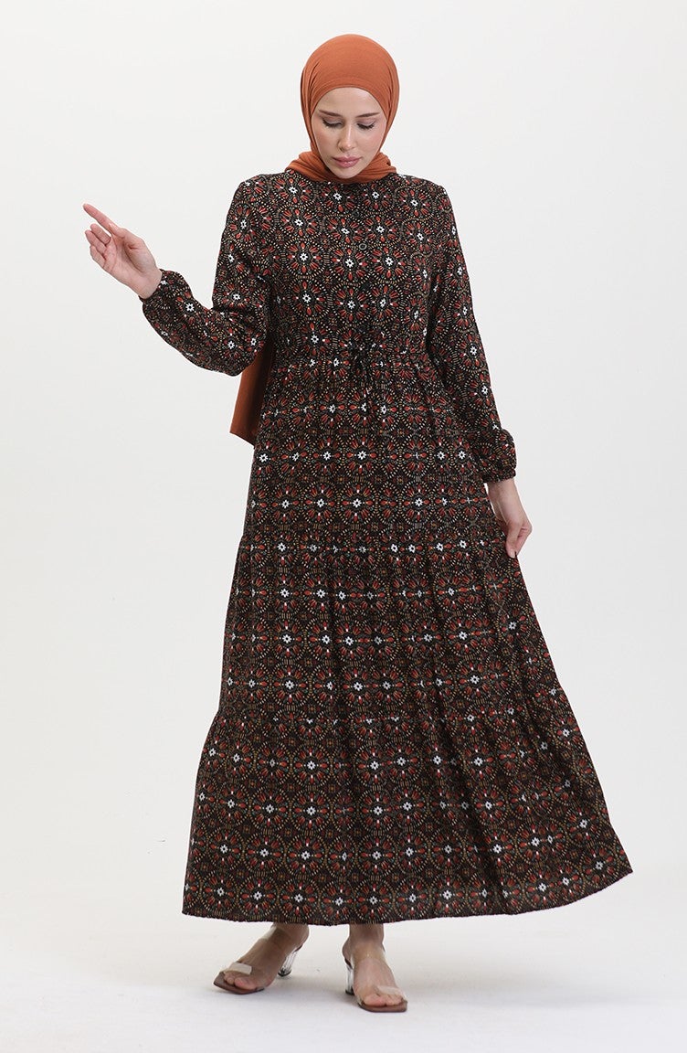Sefa Merve Patterned Buttoned Viscose Dress 0441-04 Black Orange  - Image 2