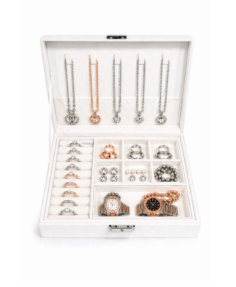 O2. White Jewelry Organizer Box with Multiple Compartments & Lock - Image 1