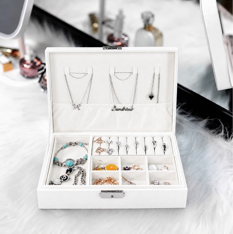 O2. White Jewelry Organizer Box with Multiple Compartments & Lock - Image 3