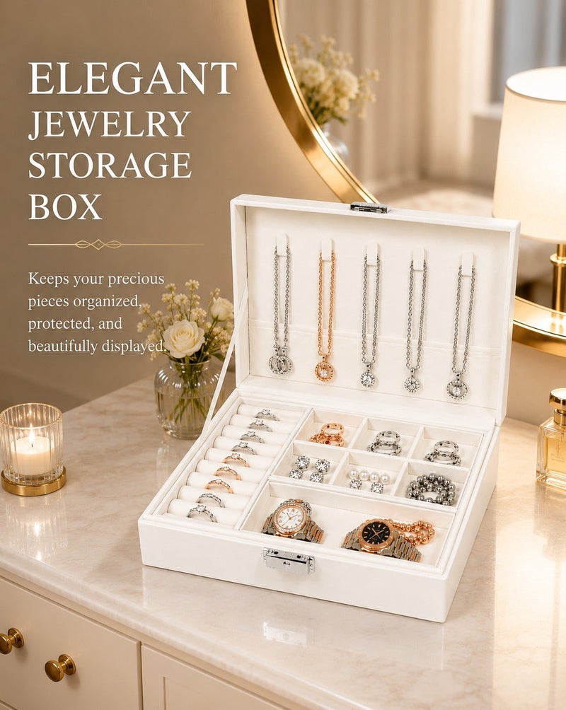 O2. Jewelry Box Organizer for Women, White Accessories Organizer with Key Lock, Multiple Compartments, Necklace Hooks, Ring Slots and Soft Lining, Jewelry Storage Box for Earrings, Bracelets, Watches and Accessories, 23 × 17 × 9 cm - Image 1