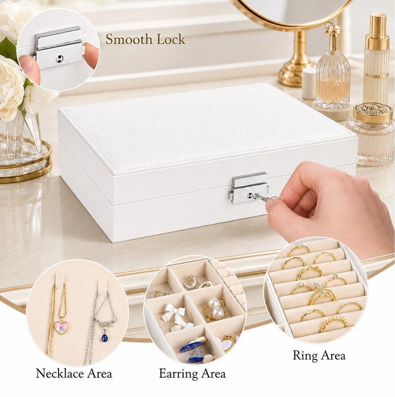 O2. Jewelry Box Organizer for Women, White Accessories Organizer with Key Lock, Multiple Compartments, Necklace Hooks, Ring Slots and Soft Lining, Jewelry Storage Box for Earrings, Bracelets, Watches and Accessories, 23 × 17 × 9 cm - Image 5
