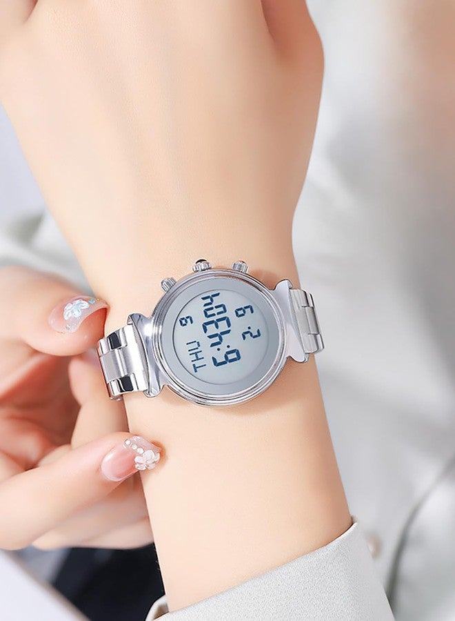 BESTKANG Women's Digital Watch Stainless Steel Watch for Women Waterproof Dual Time Date Watch Women's Business Watch, Silver, Fashion,Casual,Business - Image 2