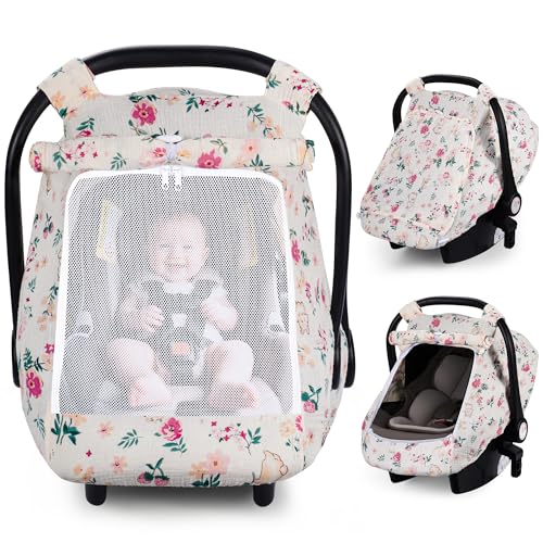 Rquite Car Seat Cover Baby Carseat Covers Girl Boy Breathable Muslin Cotton Large Mesh Window Infant Car Seat Canopy Baby Carrier Cover Stroller Sun Shade for Summer Hot Day - Image 1