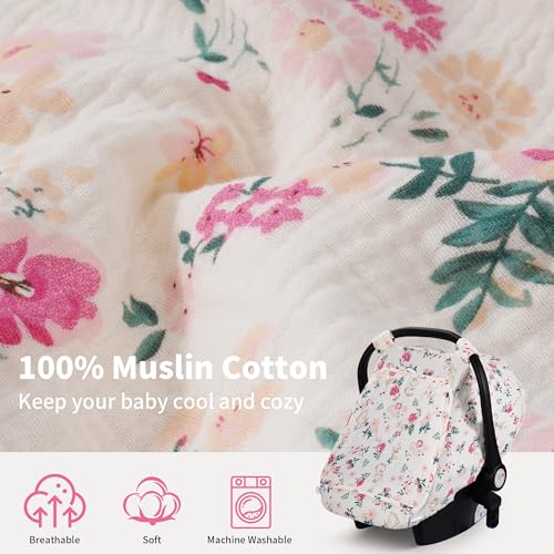 Rquite Car Seat Cover Baby Carseat Covers Girl Boy Breathable Muslin Cotton Large Mesh Window Infant Car Seat Canopy Baby Carrier Cover Stroller Sun Shade for Summer Hot Day - Image 3