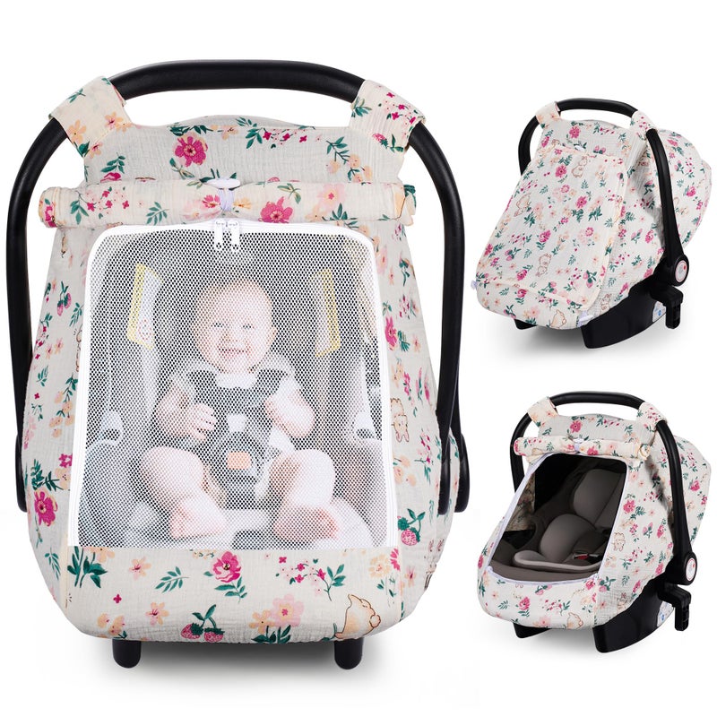 Rquite Car Seat Cover Baby Carseat Covers Girl Boy Breathable Muslin Cotton Large Mesh Window Infant Car Seat Canopy Baby Carrier Cover Stroller Sun Shade for Summer Hot Day - Image 2