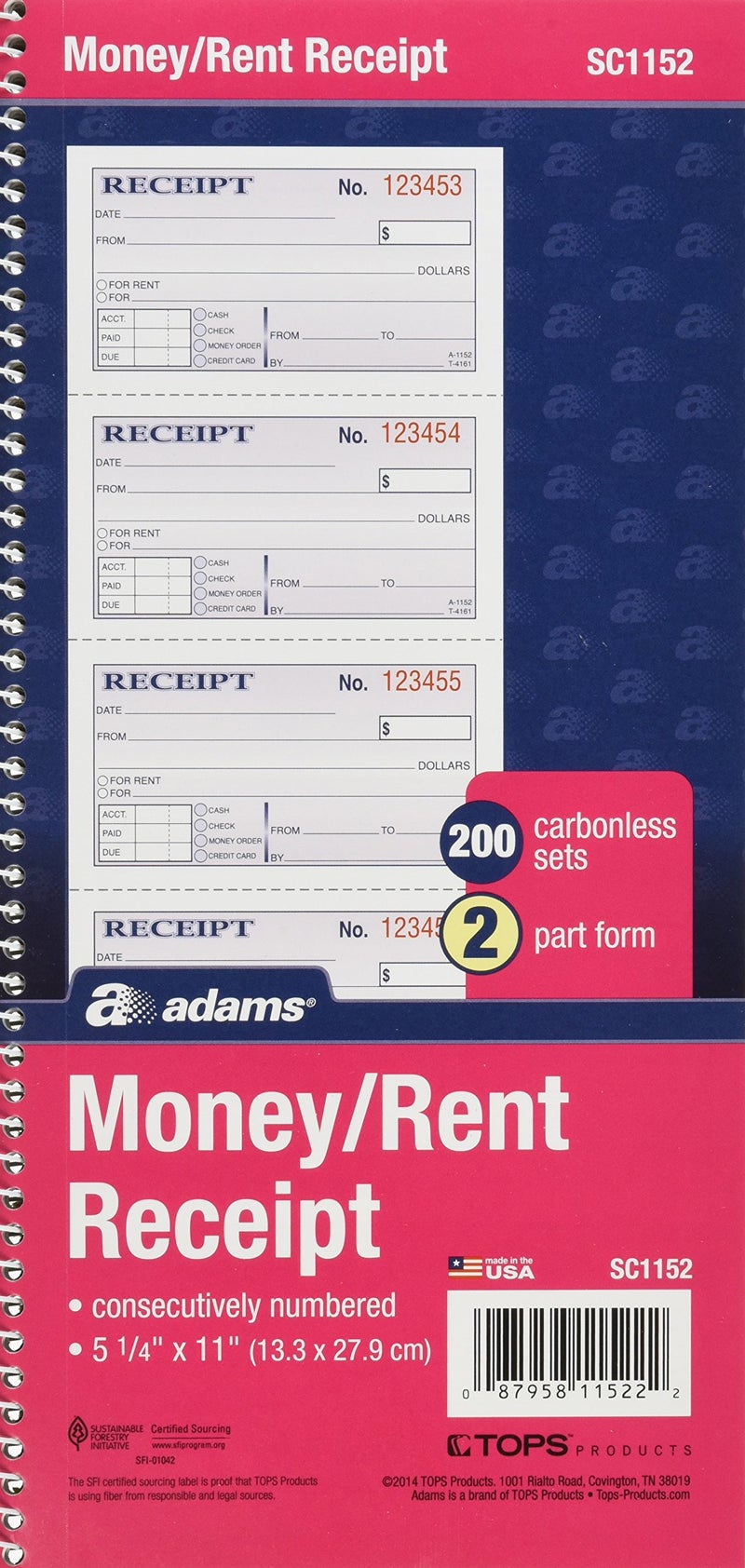 Adams Money and Rent Receipt Book, 2-Part Carbonless, 5-1/4" x 11", Spiral Bound, 200 Sets per Book, 4 Receipts per Page (SC1152) (Pack of 25) - Image 4