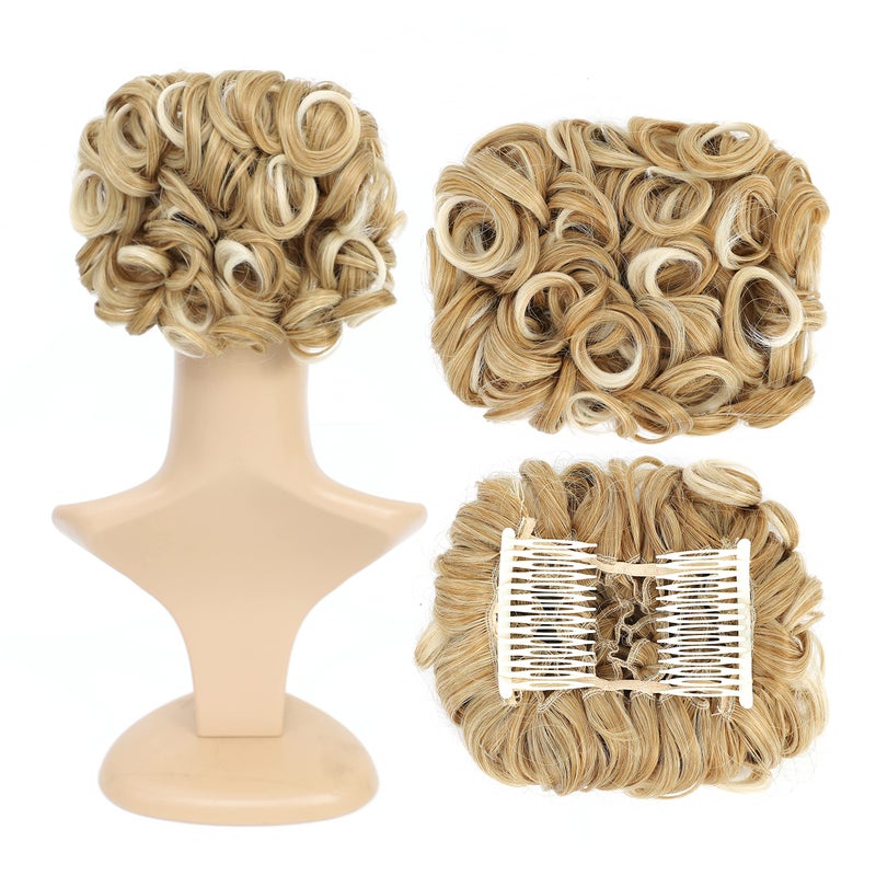 SWACC Short Messy Curly Dish Hair Bun Extension Easy Stretch hair Combs Clip in Ponytail Extension Scrunchie Chignon Tray Ponytail Hairpieces Blonde Mixed27T613