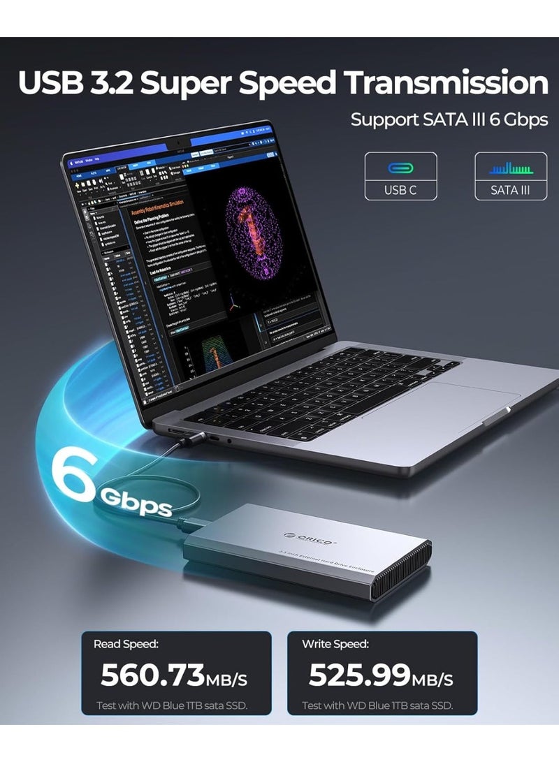 ORICO Aluminum USB C Hard Drive Enclosure for 2.5 Inch SATA SSD/HDD, USB 3.2 GEN 2 USB C to USB A/C 2 in 1 Cable, Support macOS Windows Linux OS, Compatible with Samsung Crucial WD Drives(DD25-C3) - Image 3