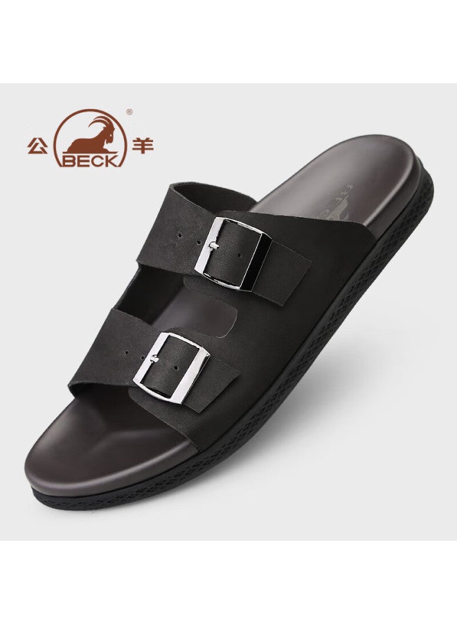 Gongyang Men's Genuine Leather High-end Slide Sandals, Durable Non-slip Top-grain Cowhide Slippers For Summer Beach Wear, Black, Size 44