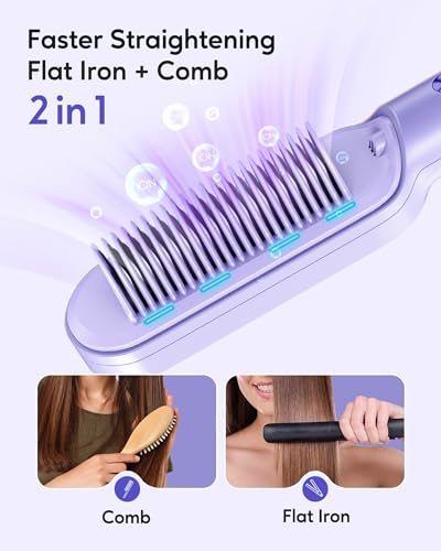 Wavytalk Hair Straightener Brush, Sleek Sweep Ionic Straightening Brush with 6 Temperature Adjust, Anti-Scald Ceramic Straightening Comb Fast Heating for Home Salon, Dual Voltage, Purple. - Image 3