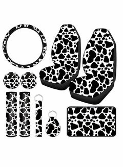 Car Seat Protector, 10pcs Milk Cow Print Cover, Steering Wheel Thickening Fabric Front Covers, Coasters Keyring Armrest Pad Belt, Pads Wrist Strap for Vehicles